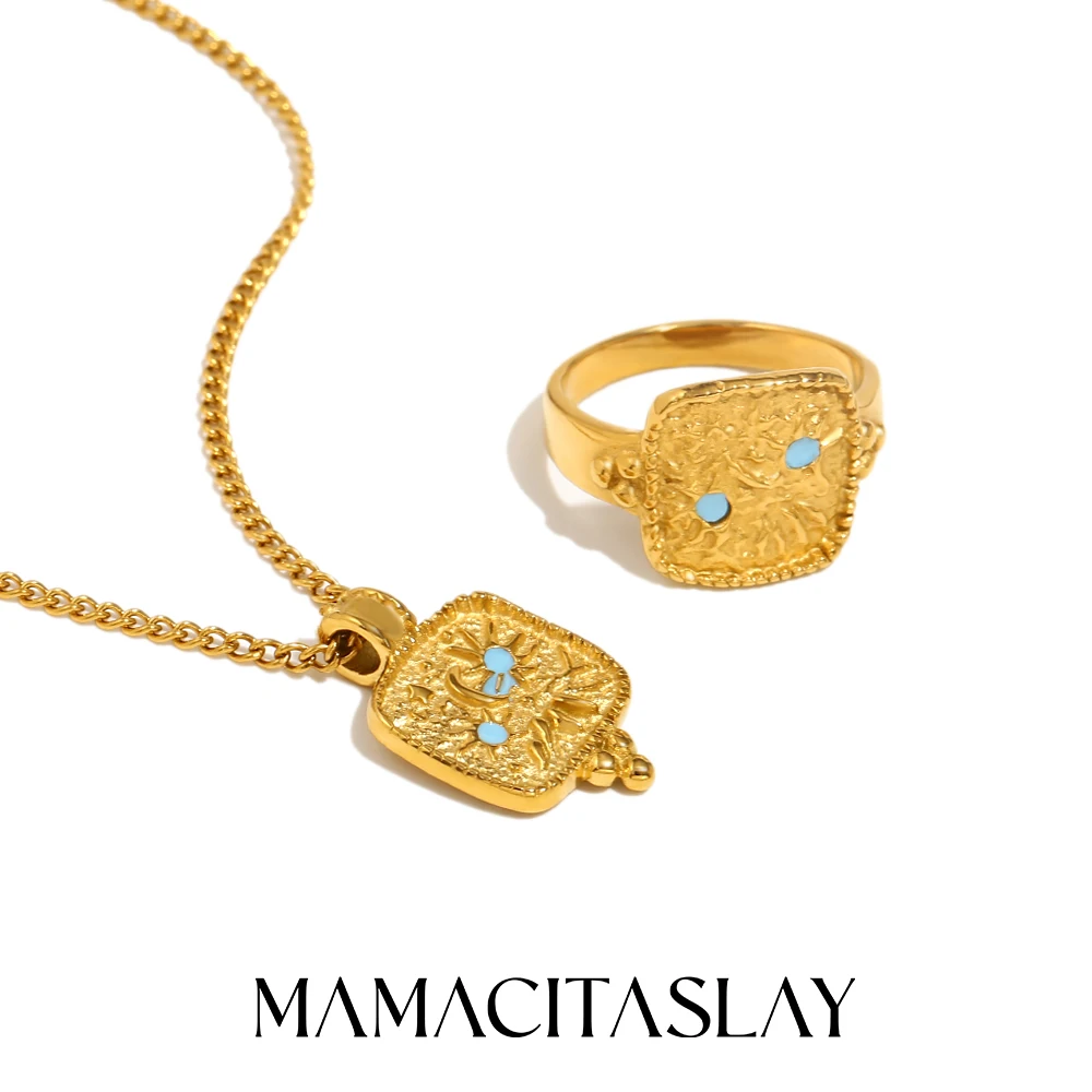 MamacitaSlay Vintage Sun Moon Square Pendant necklace women Blue Enamel 18K Gold Plated Rings stainless steel jewelry woman