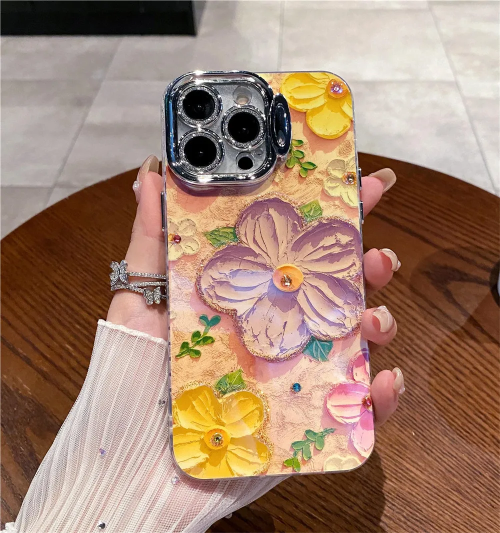 

Moskado Multicolored Flowers Pattern Phone Case For iPhone15 13 11 12 14 Pro Max Lens Holder Shockproof Soft Bumper Cover Shell