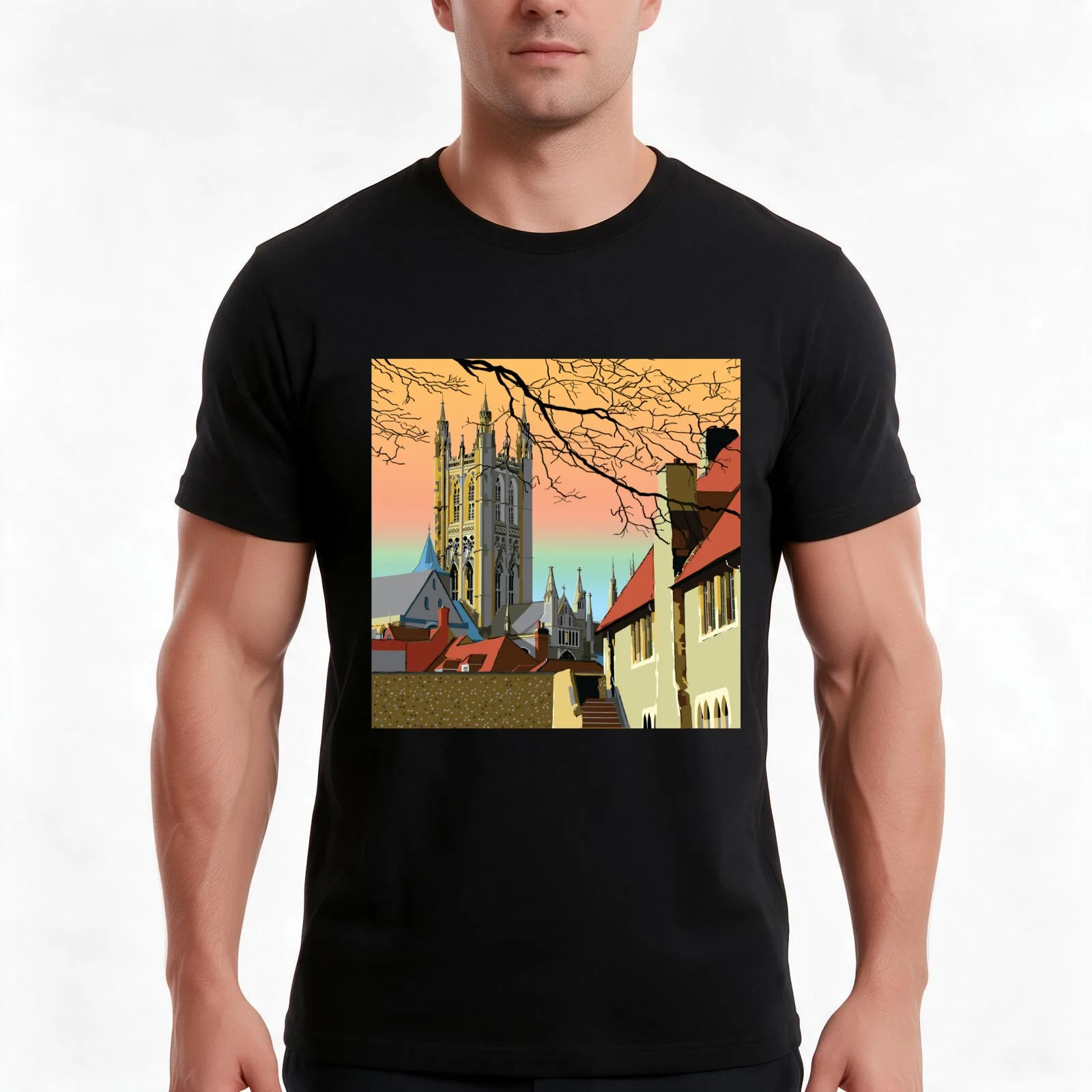Canterbury Cathedral, Church of England Kent UK Illustrated Gothic T-Shirt, Summer Casual Cotton Tee, Oversized Streetwear Tops
