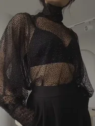 New Turtleneck Loungewear Fashion Shirts, Women Spring Summer Long Lantern Sleeve Tops, See Through Elegant Loose Ladies Blouses