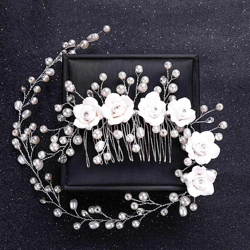 Silver Color Flower Pearl Crystal Wedding Hair Comb Hairpin Headband For Bride Women Wedding Hair Accessories Jewelry Tiara Gift