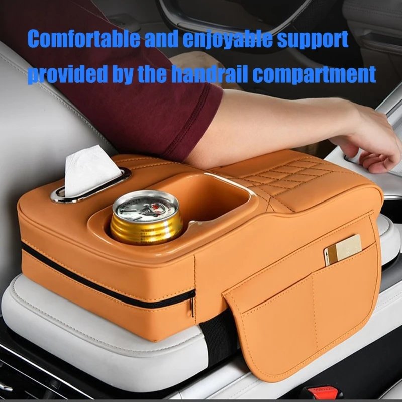 Adjustable Vehicle Armrest Cushion Center Console Cover Mat Feature Double Drink Holders And Build In Tissue Box Pocket