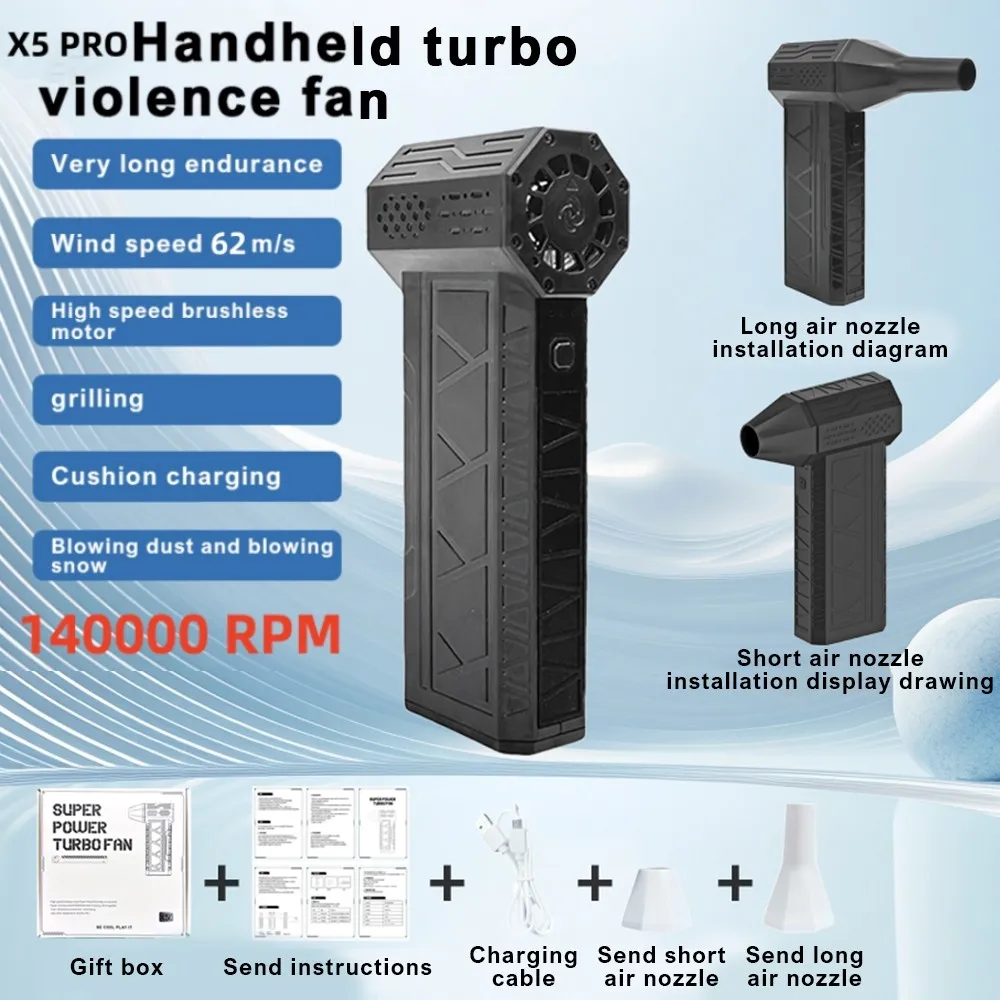 휴대용 C타입 충전 공기 송풍기, 140000RPM 터보 제트 선풍기 브러시리스 모터, 휴대용 덕트 선풍기, 전원 디스플레이 환풍기 포함, 62 M/S 