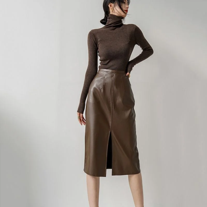 PU Leather Skirts for Women High Waist Fall Straight Elegant Split Midi Skirts Korean Style Oversized Coffee Streetwear Clothes