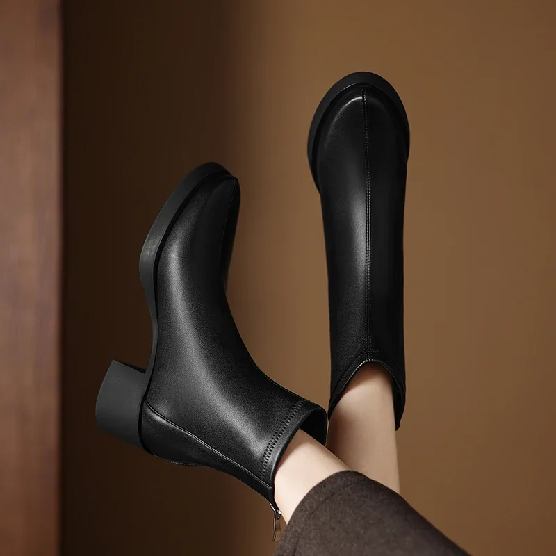 2026 new autumn winter women ankle boots plus size 22-26cm stretch microfiber round toe thick heel back zip short boots