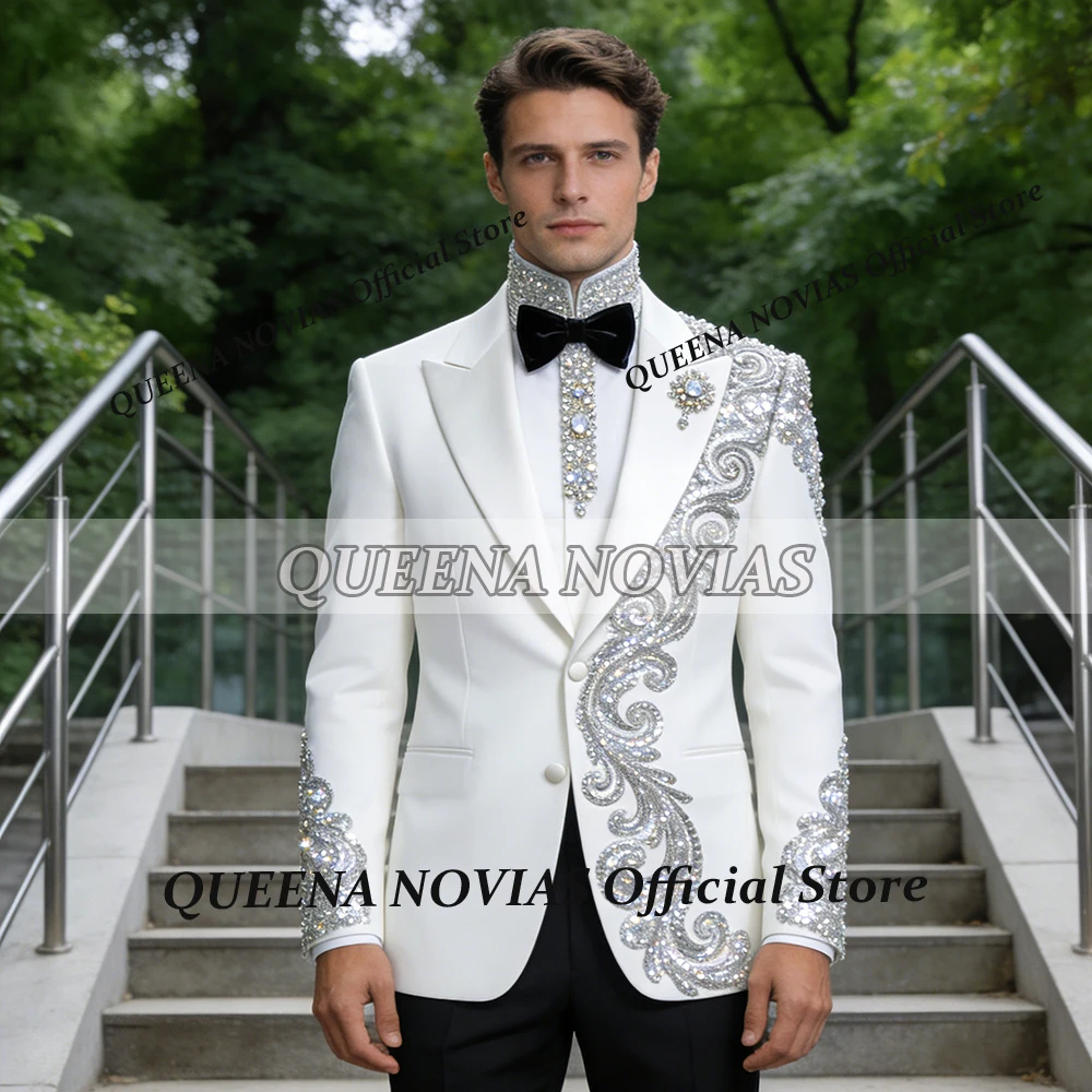 

Элитные мужские костюмы: приталенный пиджак на одной пуговице и брюки, комплект из 2 предметов, с бриллиантовой вышивкой, для жениха, свадебный смокинг, индивидуальный пошив, Ropa Hombre