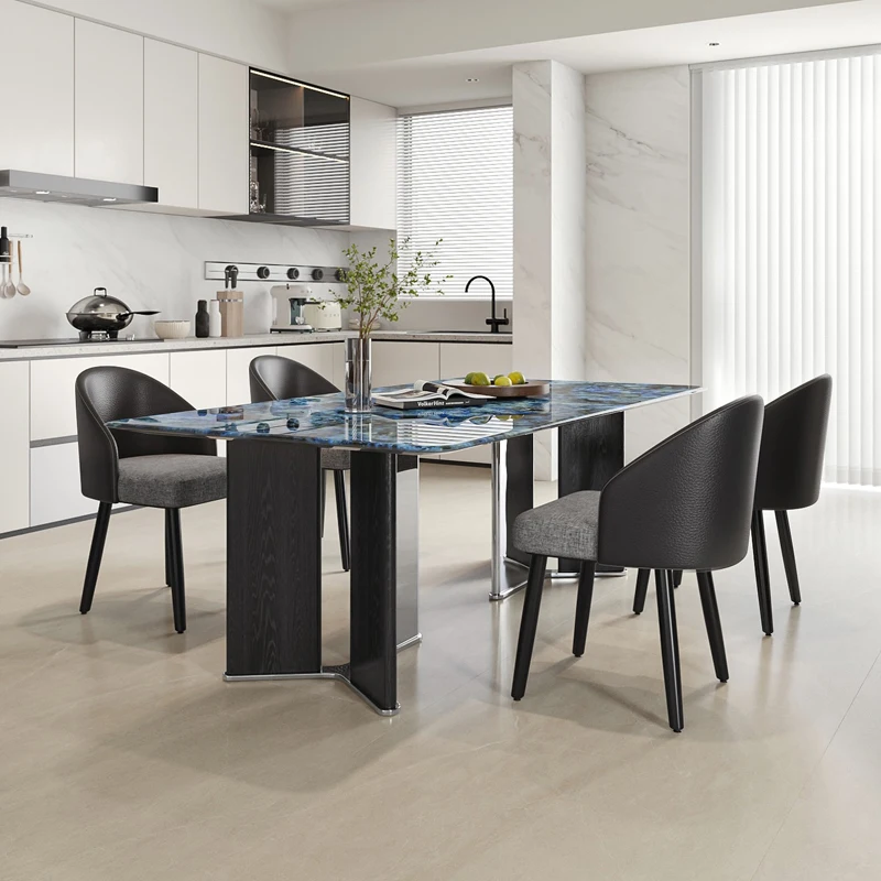 Modern Luxury Rectangular Wooden Marble Dining Table Chair Set 4  6 Seaterstainless Steel Legs Kitchen Black Furniture Designs