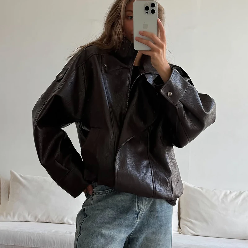 TrendixWomen Faux Leather Jacket PU Motorcycle Jacket Stand Collar Zipper Loose Short Coat Solid Spring Autumn Casual Biker Coat
