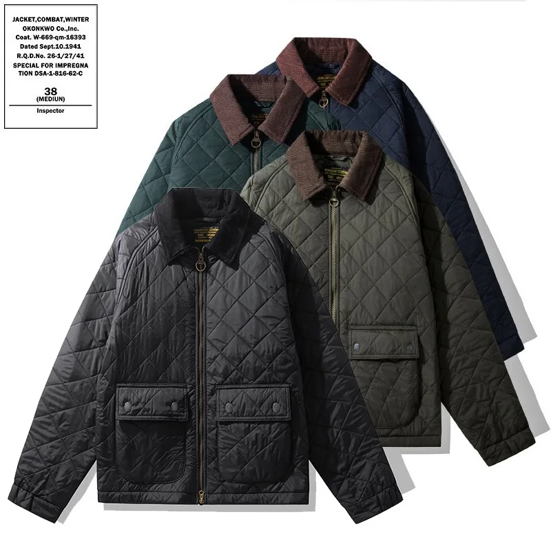 OKONKWO quilted jacket men's retro solid color corduroy lapel coat thick windproof warm workwear jacket autumn and winter