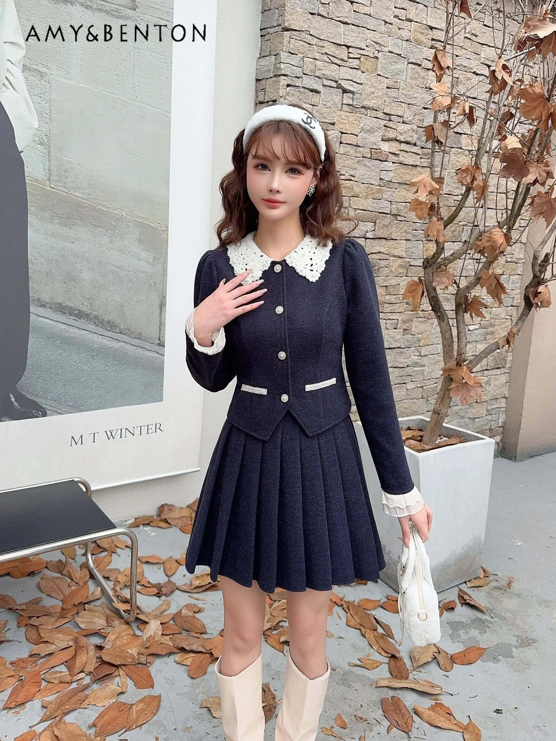 

Осень-зима, корейский стиль, студенческий стиль, женское синее кофейное короткое кружевное лоскутное пальто с высокой талией, плиссированная юбка, комплект из двух предметов