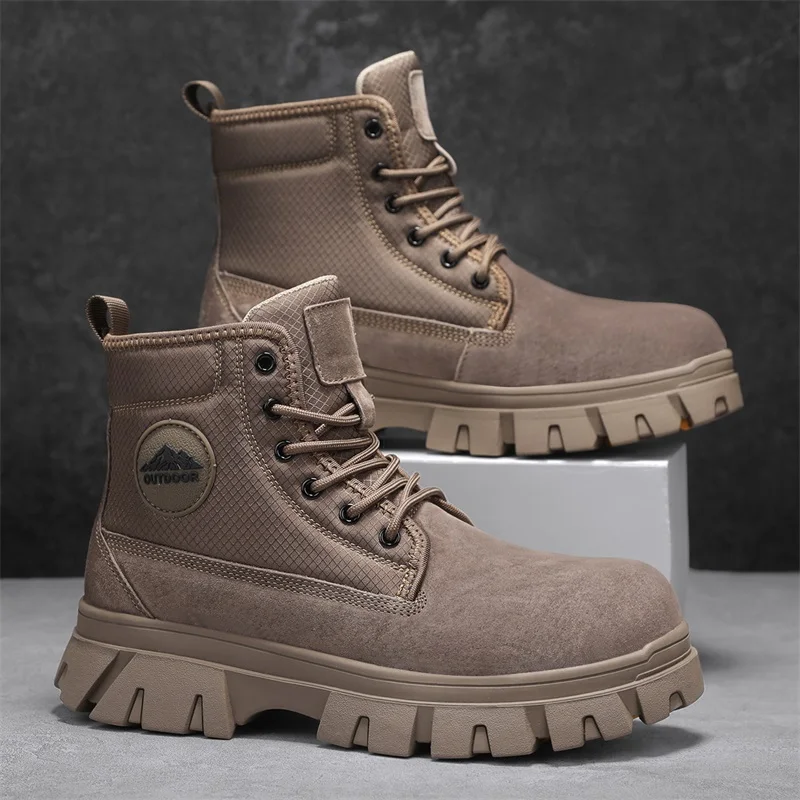 

Men's Genuine Leather British Style Work Boots Autumn and Winter Fleece-Lined High-Top Retro Thick-Soled Snow Boots