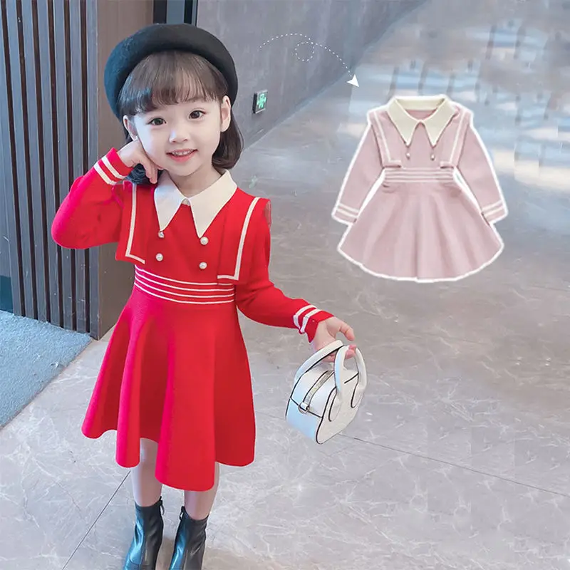 

New 2025 Autumn Winter Girls Long Sleeve Knit Dress with Fleece Lining Academic Style Knit Princess Dress for Kids