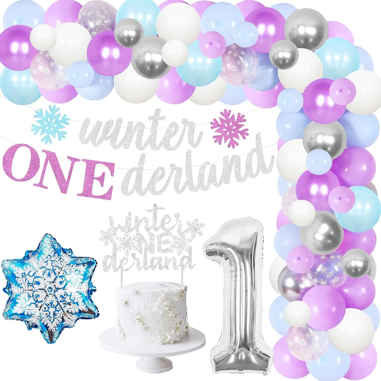 

Purple Blue Winter Onederland 1st Birthday Decorations Snowflake Balloons Garland Arch Kit for Girl Winter First Birthday Decor