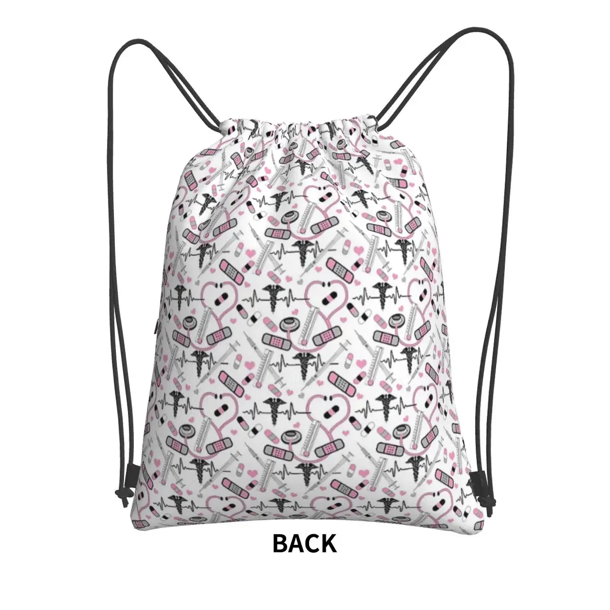 Cute Stethoscope Nurse Doctor EKG Pattern Portable Backpacks Drawstring Bag Casual Shoes Bags For Travel Sport Man Woman