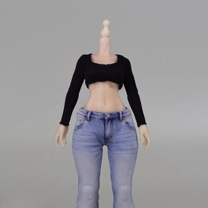 1/12 Maßstab, Damen-T-Shirt mit U-Ausschnitt und langen Ärmeln, bedruckte Jeans, Kleidung und Accessoires für 6-Zoll-Actionfiguren, Romankey Figma SHF Modell. – Detail 2