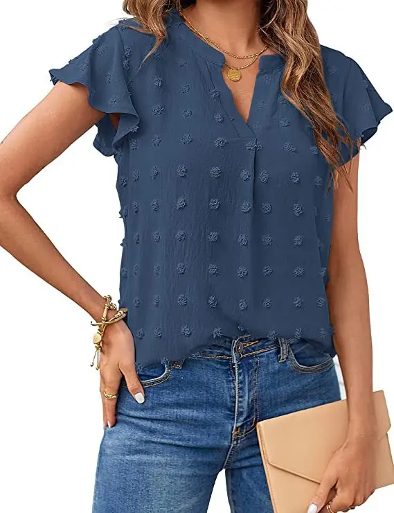 Summer Women's Short-sleeved Shirt V-neck Lotus Leaf Sleeve Fashion Wool Ball Top Solid Color Casual Basic Versatile Blouse