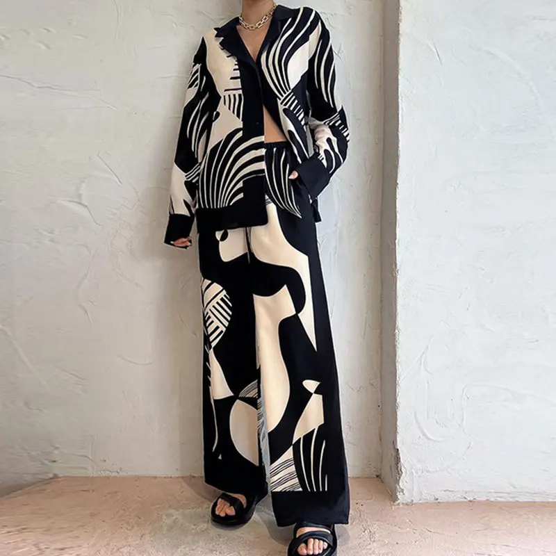 2024 Women\'s New Autumn Trendy Fashion Print Set Southeast Asian Style Long Cardigan Straight Leg Pants Two-Piece Set