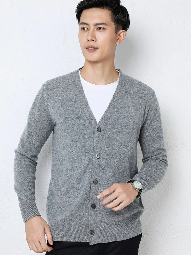 

Мужской мягкий вязаный кардиган с длинным рукавом, свободный крой, V-образный вырез, для делового повседневного стиля, универсальный, цветной, верхняя одежда