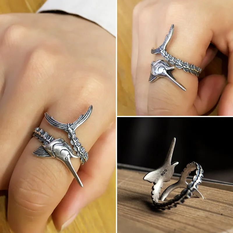 Buyee 925 Sterling Silver Big Ring Finger Cute Vivid Marlin Open Ring for Woman Man Fashion Punk Rock Fine Jewelry Circle