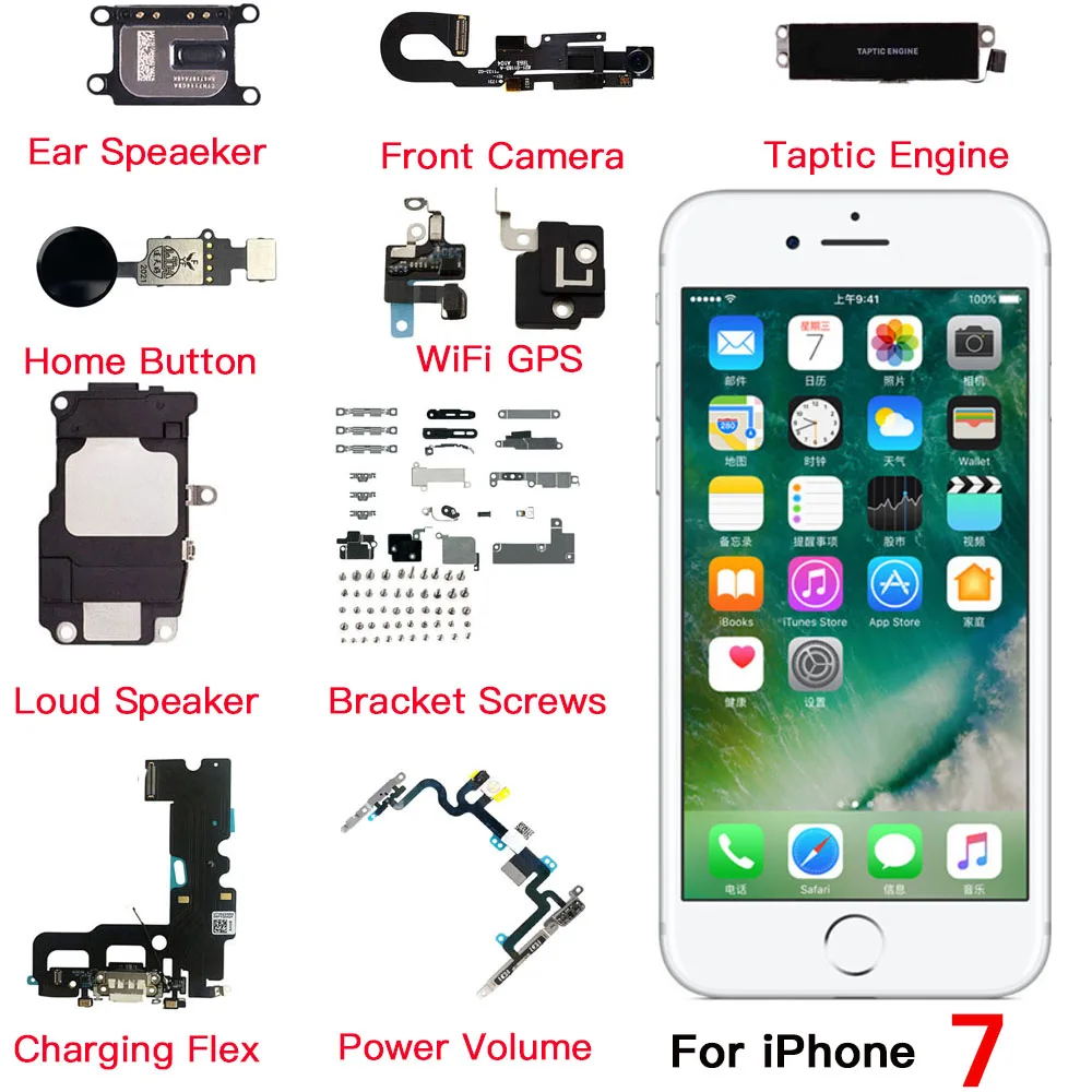 Internal Accessories For iPhone 7 Front Camera Home Button Charging Port Flex Cable Loud Speaker WiFI GPS Screws Replacement