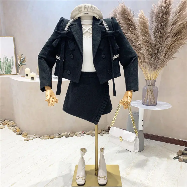 Spring Lady Suits Bowtie Diamonds Blazers Coat OL Double Breasted Rhinestone Beaded Jacket + High Waist Irregular Skirt 2pcs Set