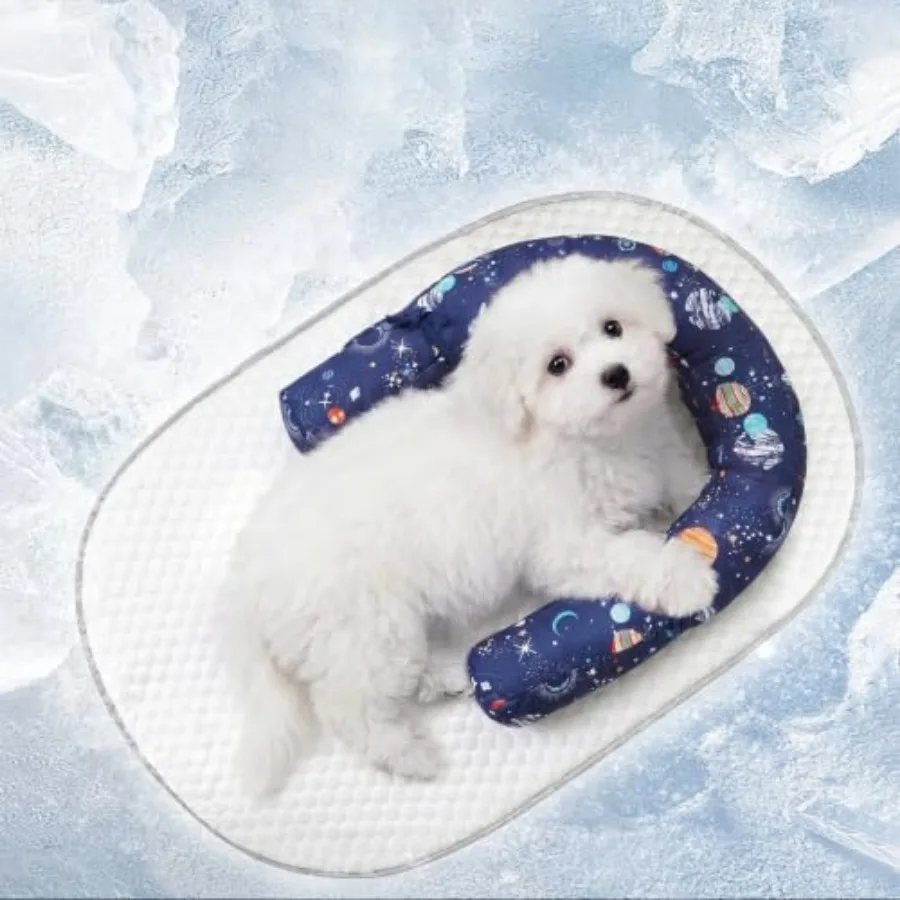 Pet Cooling Mat for Cats and Small Dogs, Ice Silk Self-Cooling Pad with Memory Foam, Removable Pillow, Non-Slip Indoor Summer B