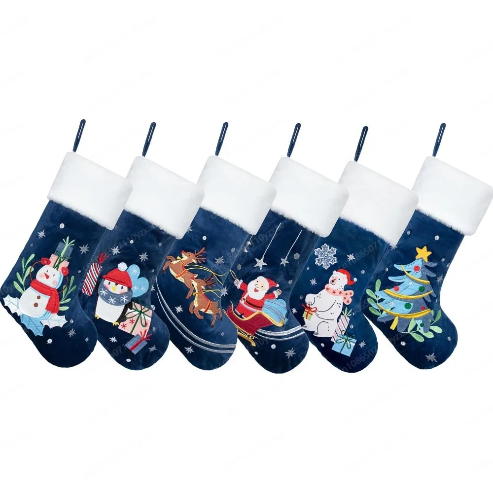 Christmas Stocking Set of 6 Christmas Stockings 20inch Blue Family Stocking Large Embroidered Flannel 6 Pack Christmas Stocking