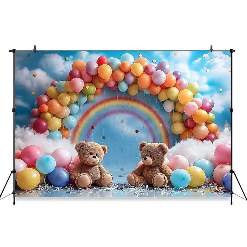 Rainbow Bear Photography Backdrop Bluey Sky White Clouds Colorful Balloons Wall Background Kid Party Birthday Decor Photo Studio