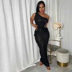 Elegant Sexy Black Ruffles One Shoulder Bodycon Long Dress Women Sleeveless Backless Slim Maxi Y2K Club Evening Party Robe