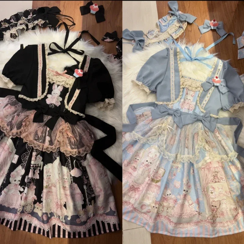 Kawaii Rabbit Bear Wardrobe Lolita Dress Women Cute Lace Mesh Ruffles Bunny Print Princess Dresses Girls Sweet Tea Party Dress