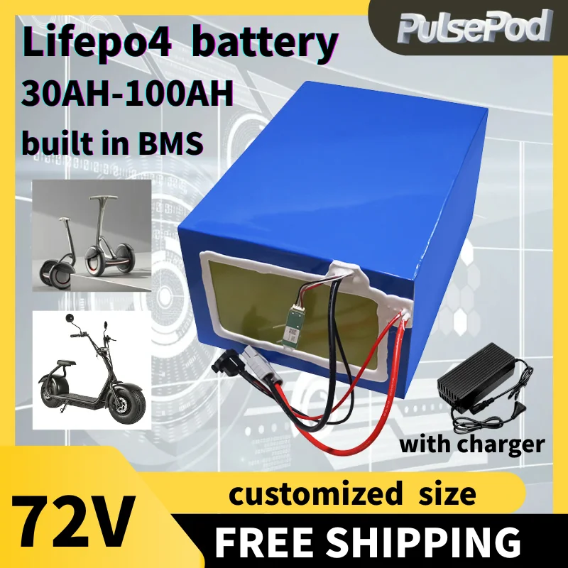

Литиевое зарядное устройство PulsePod LiFePO4, 72 В, 50 Ач, 60 Ач, 40 Ач, 100 Ач, 80 Ач, BMS для скутера, электромобиля, мото, 3000 Вт