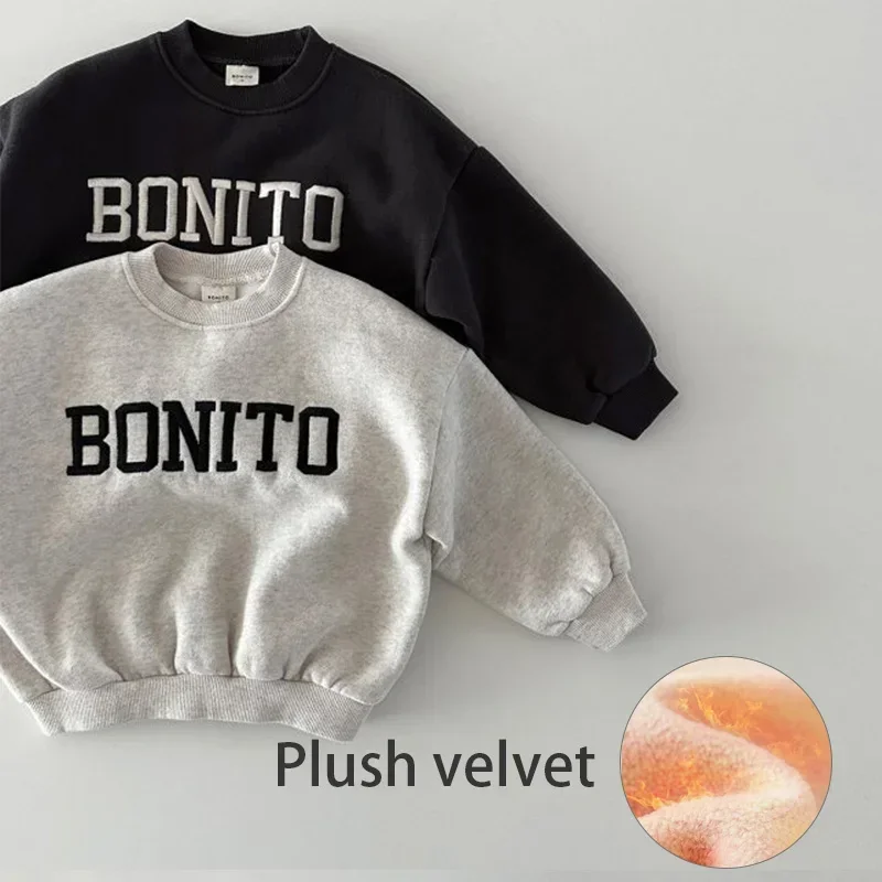 Korean Style Baby Boys Winter Sweatshirt Soft Plush Letter Printed Design Pullover Top for Children Thicken Warm Outerwear Tees