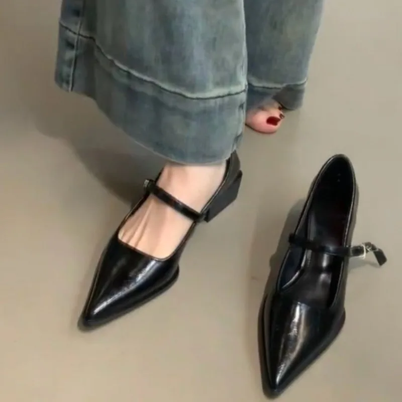 2024 Designer Black Thick Heel Mary Jane Shoes Women's Shoes New Versatile Pointed Shallow Mouth High Heels Commuter Shoes