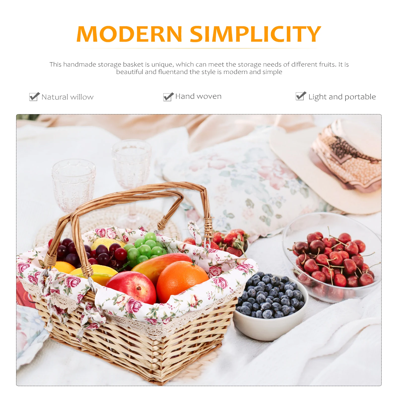 

Woven Rattan Storage Portable Picnic Fruit Basket Outdoor Decoration Organizing Shopping Basket Gift Household Organizer Lining