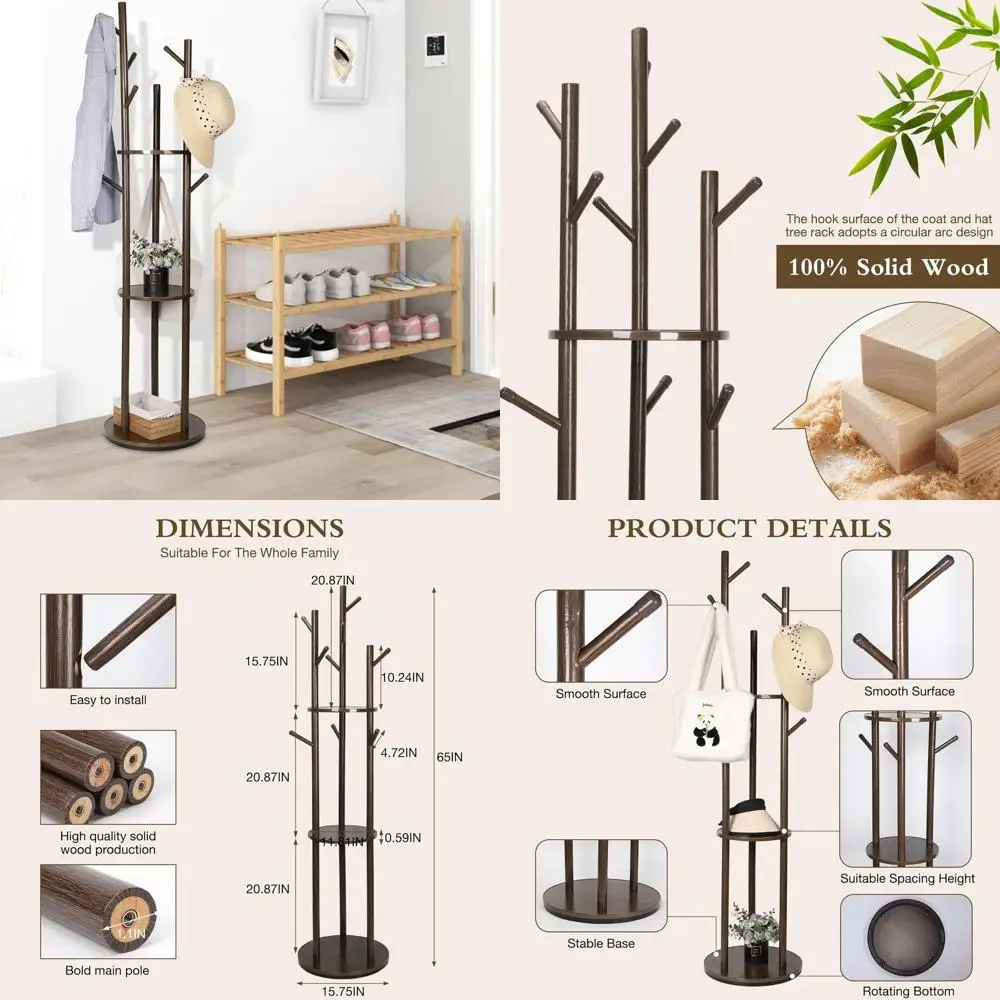 

Трехуровневая вешалка для одежды из орехового дерева с 9 крючками, отдельно стоящая вращающаяся вешалка-дерево для прихожих и коридоров