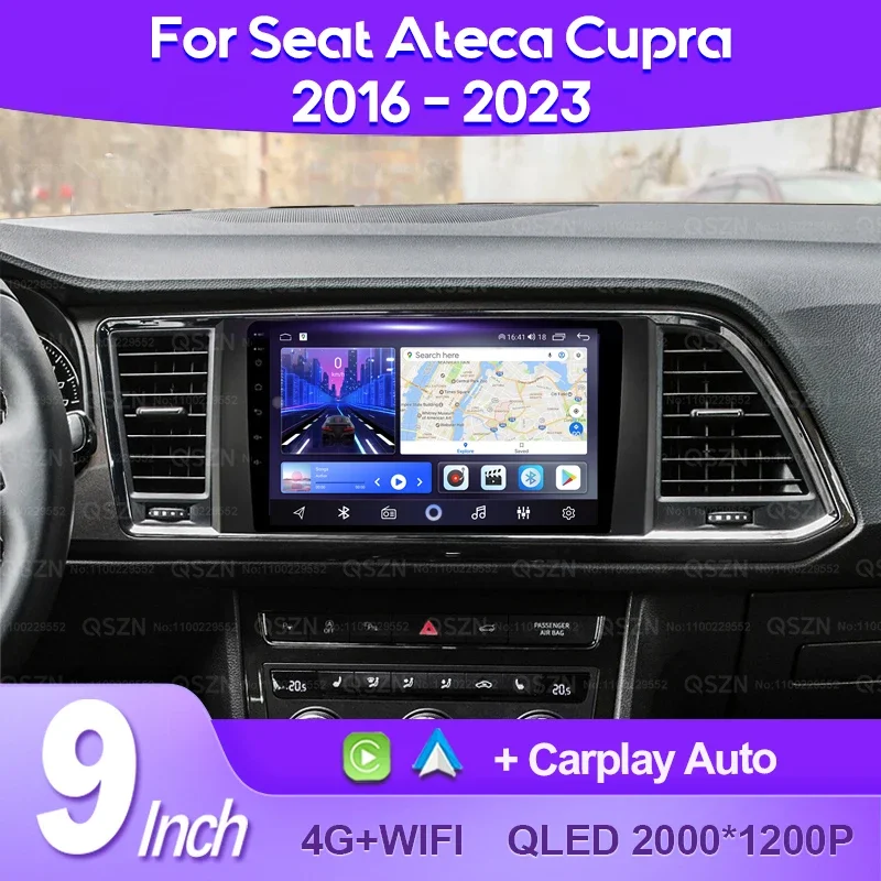 QSZN For SEAT Ateca Cupra 2016 - 2023 Car Radio 2K QLED AI Voice 4G CarPlay Android 13 Auto GPS Multimedia Video Player No 2 Din