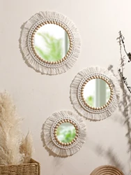 Macrame Mirror Wall Hanging Decorative Mirrors for Vanity Dorm Boho Woven Tassel Home Decor for Living Room Art Decorative Gifts