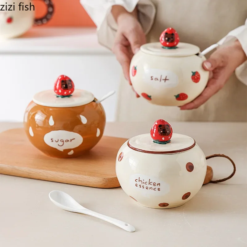 

Creative Strawberry Bear Ceramic Seasoning Jar Cartoon Cute Salt Jar Sugar Jar Pepper Powder Jars Household Seasoning Tools