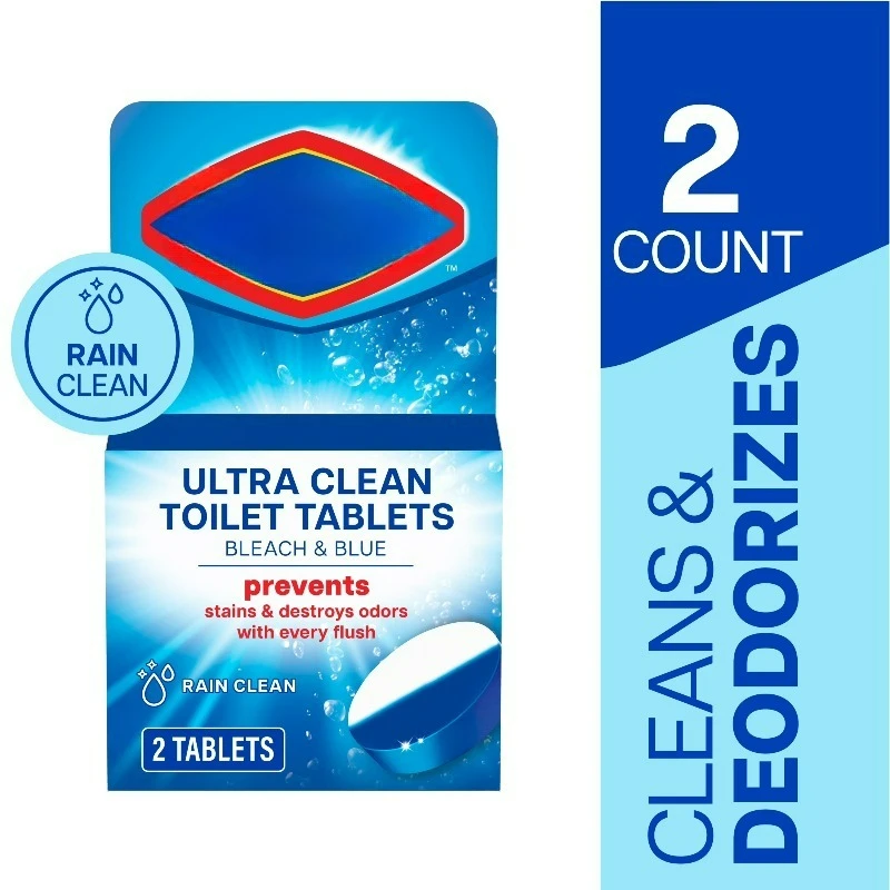 Bleach and Blue Toilet Bowl Cleaner Tablets, Rain Clean, 2 Count