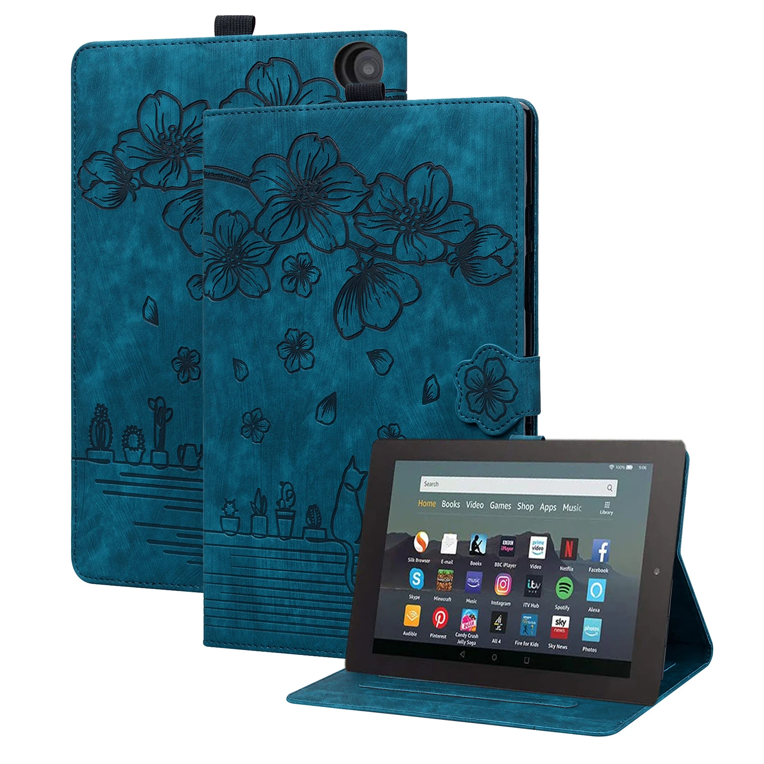 

Чехол-кошелек с отделением для карт для Amazon Fire HD 8 2022, 8,0 дюйма, манга, сакура, кошка, тисненый дизайн, флип-противоударный кожаный чехол для сна