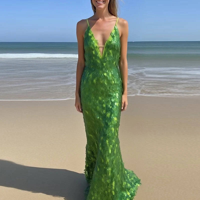 Modna Sukienka Wieczorowa Bez Rękawów z Wysokim Stanem, Wielokolorowa, Dopasowana, Seksowna, Nowa Sukienka z Głębokim Dekoltem V, Błyszcząca Sukienka z Cekinami, Długa