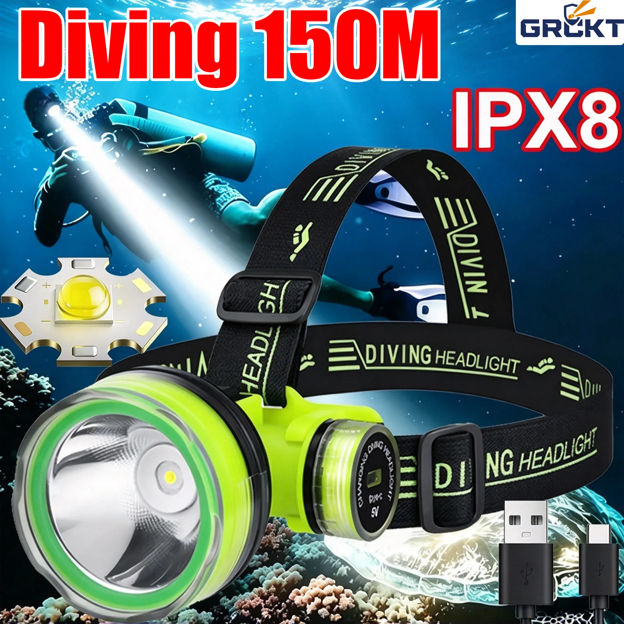 GRCKT 2026 Super Bright LED Diving Headlamp IPX8 Waterproof Headlight Underwater 150m Headlight Rechargeable Portable Head Torch