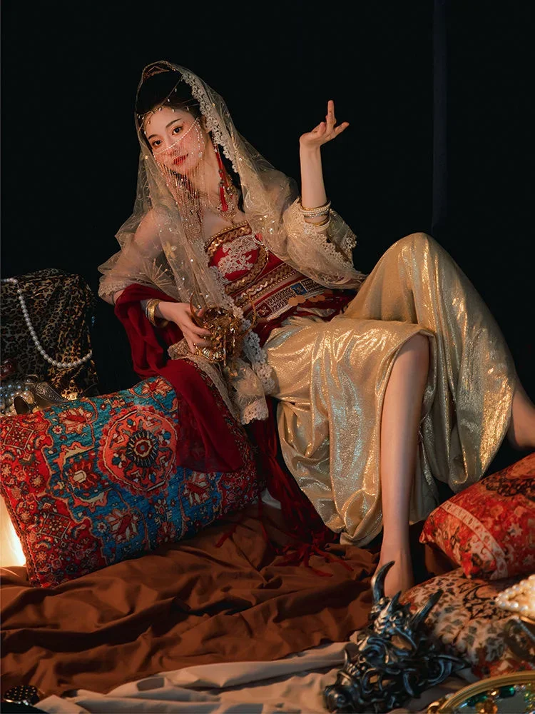 النمط الصيني المرأة Dunhuang Hanfu فستان مجموعة النمط الوطني حمالة صديرية دائرية شرابة اكسسوارات فساتين الحجاب نمط الصحراء