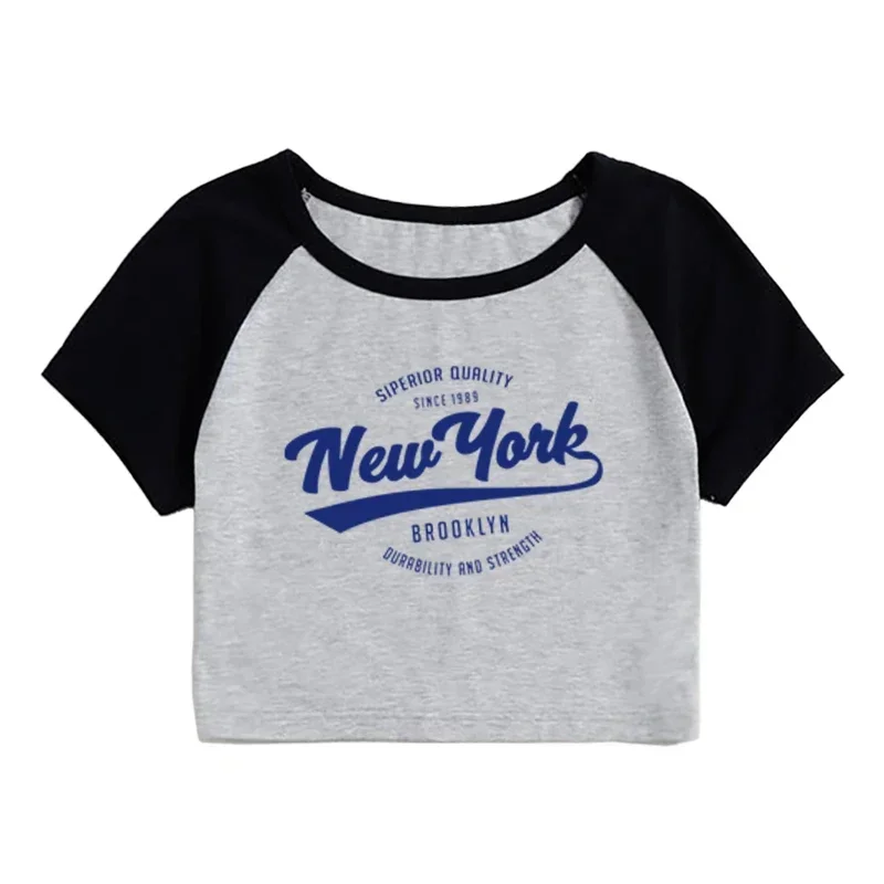 Summer Sexy Belly-Baring Short Sleeves  New York Letter Print Short Sleeve Round Neck Top  Harajuku Streetwear  New York T-Shirt