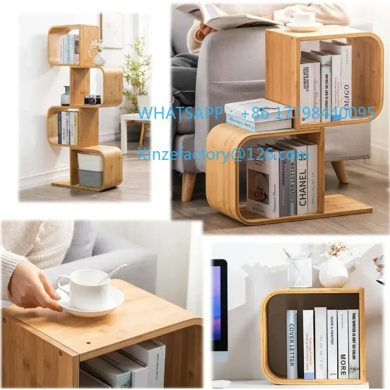Customizable 5-Tier S-Shaped Geometric Modern Bamboo Bookshelf, 2 in 1 Bookcase Storage CDs