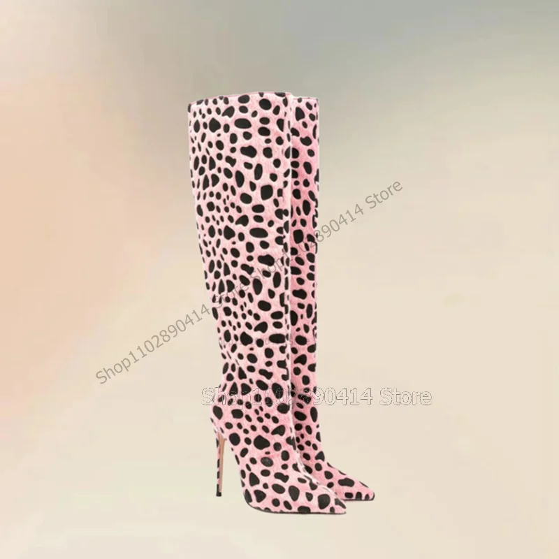 

Pink Leopard Print Pointed Toe Boots Back Zipper Women Shoes Thin High Heels Novel Fashionable Banquet 2023 Zapatos Para Mujere