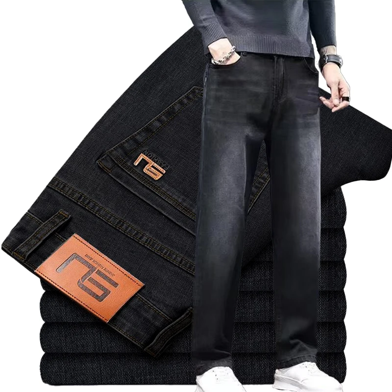 Men Fashion Loose Straight Elasticity Jeans Male High Quality Wear-resistant Denim Trousers Casual Versatile Black Blue Pants