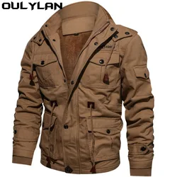 Oulylan Tactical Coats Thickened Hooded Men Jackets Plush Zipper Warm Solid Color Cotton Medium Long Work Clothes Male Bomber