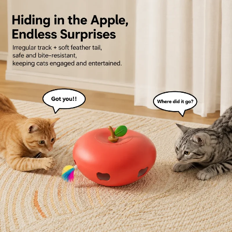 Apple Shape Interactive Cat Toy, Automatic Whack A Mole Kitten Toy with Moving Feather Tail, Rechargeable Electric Cat Teaser, A