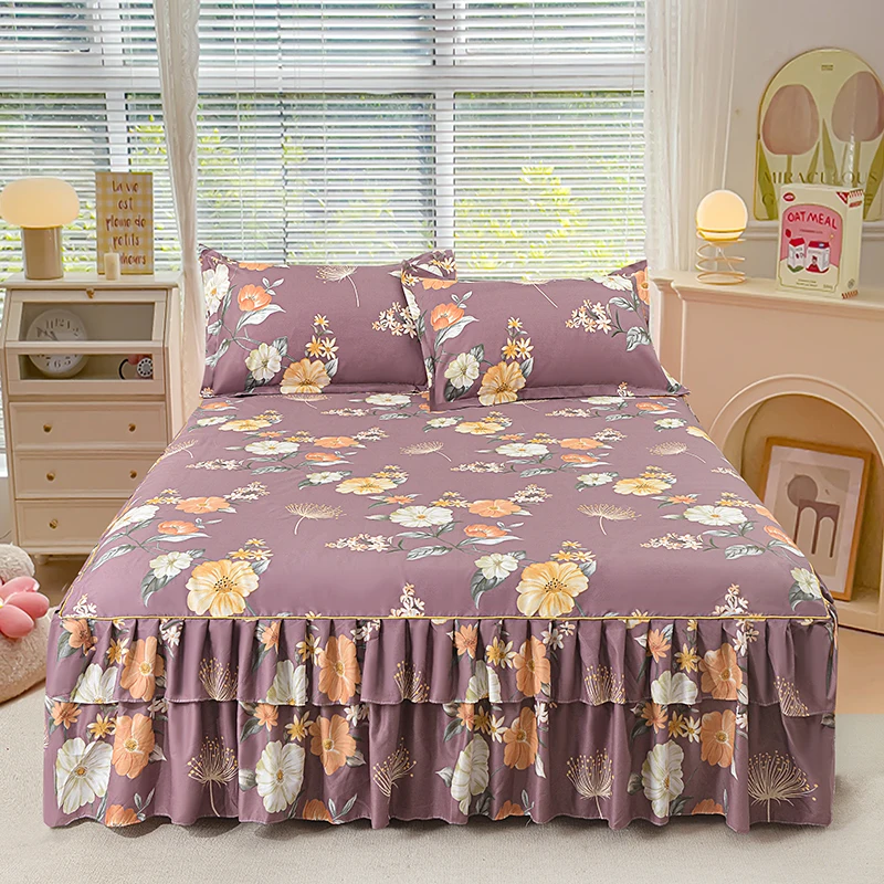 Botanical Floral Bed Skirt Set Farmhouse Style Flower Print Bedskirt 3 Side Coverage Drop Dust Ruffle 1 Bed Sheet & 2 Pillowcase